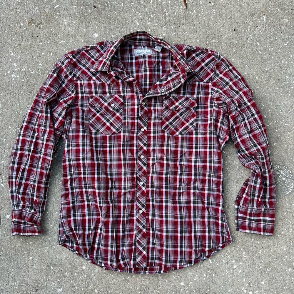 Wrangler Red Plaid Long Sleeve Pearl Snap Shirt
